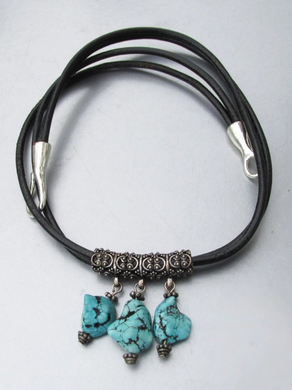 Vintage Turquoise Nugget Sterling Silver 2 Strand Black Leather Cord Necklace